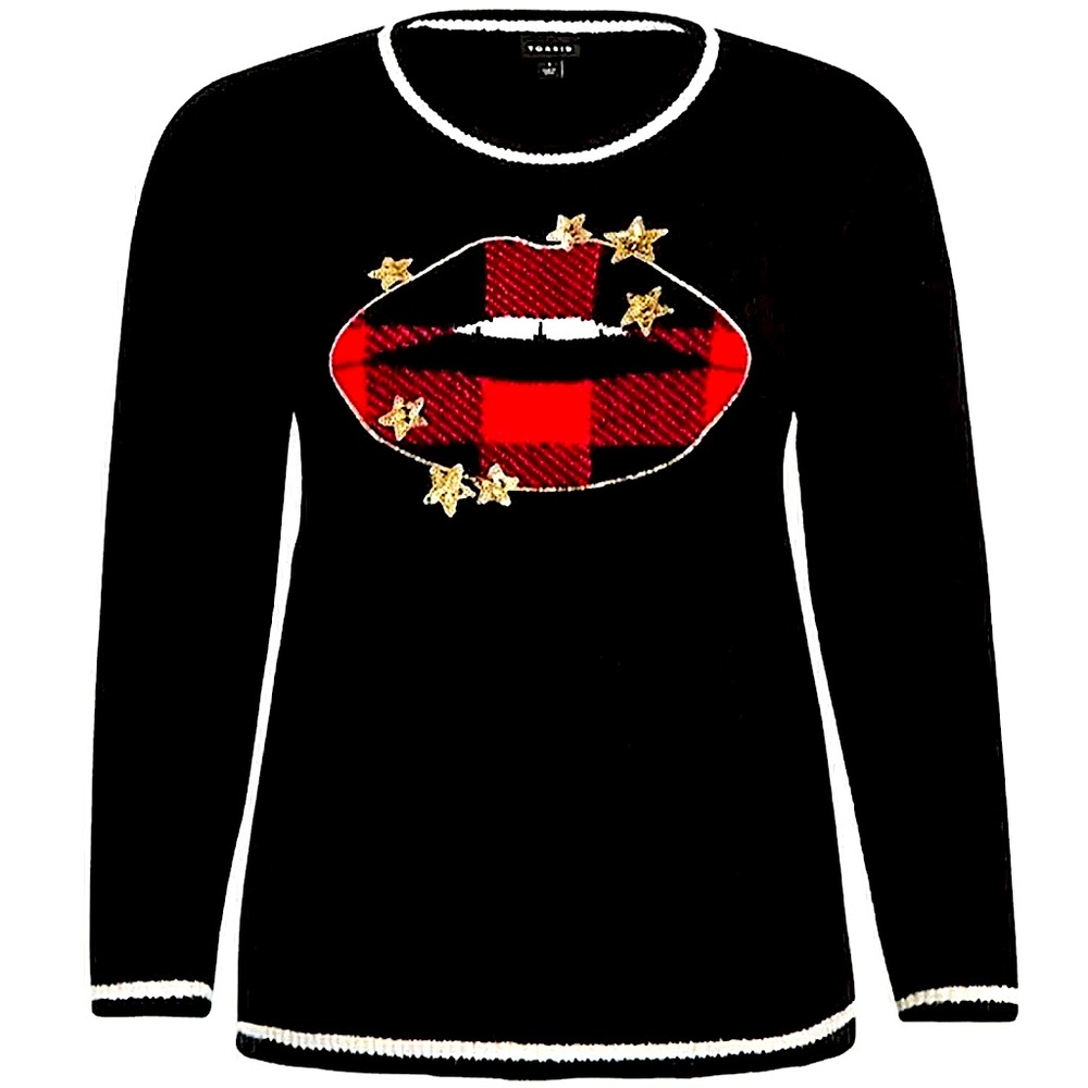 Torrid Buffalo Plaid Gold Stars Holiday Black Cotton Knit Plus 3X Sweater 22/24